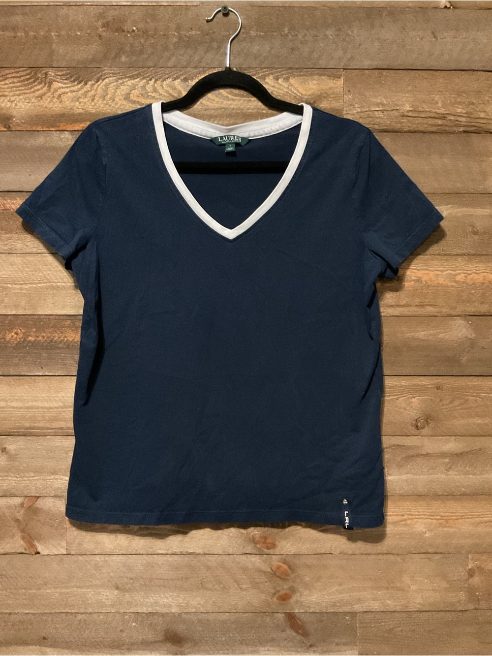 Lauren Active Ralph Lauren Women's Navy Blue T-Shirt White Trim Size Large